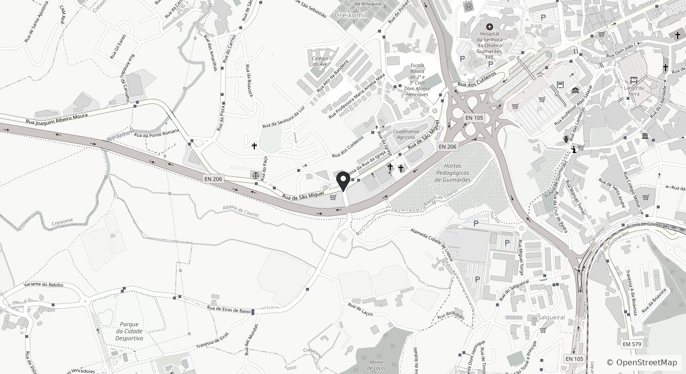 Mapa esquemático de Creixomil, Guimarães, com a sede na Rua de São Miguel.