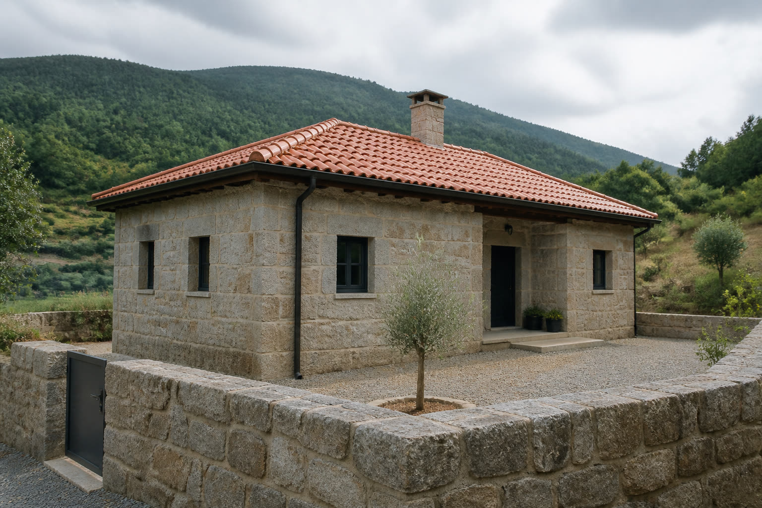 Moradia térrea em granito com telhado de telha, muro e oliveira, numa encosta minhota.