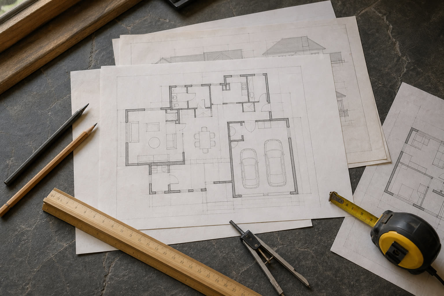 Desenhos de projecto sobre uma mesa de pedra, com instrumentos de medição.