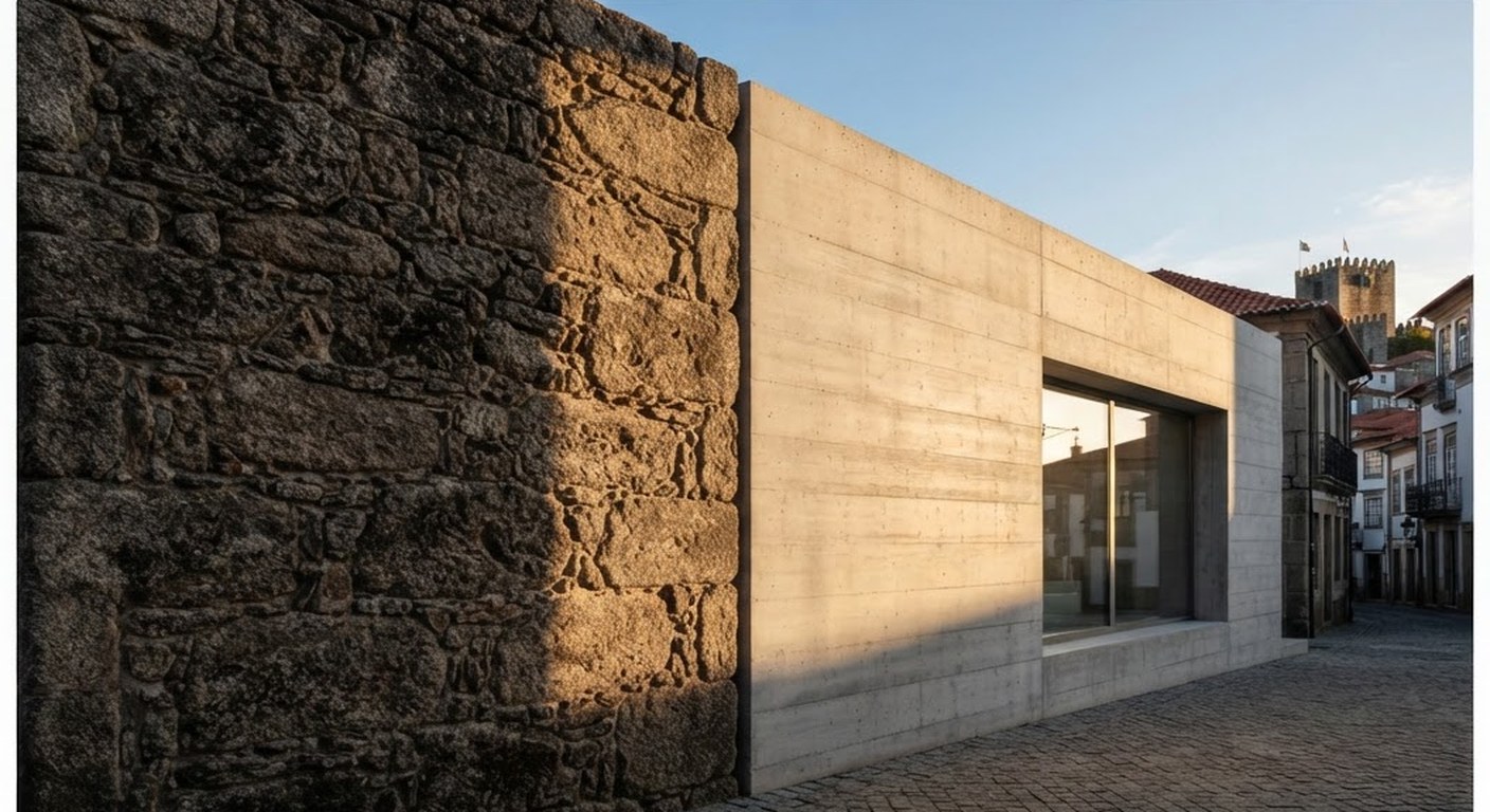 Edifício contemporâneo em Guimarães, com muro de pedra natural junto a um volume de betão liso.