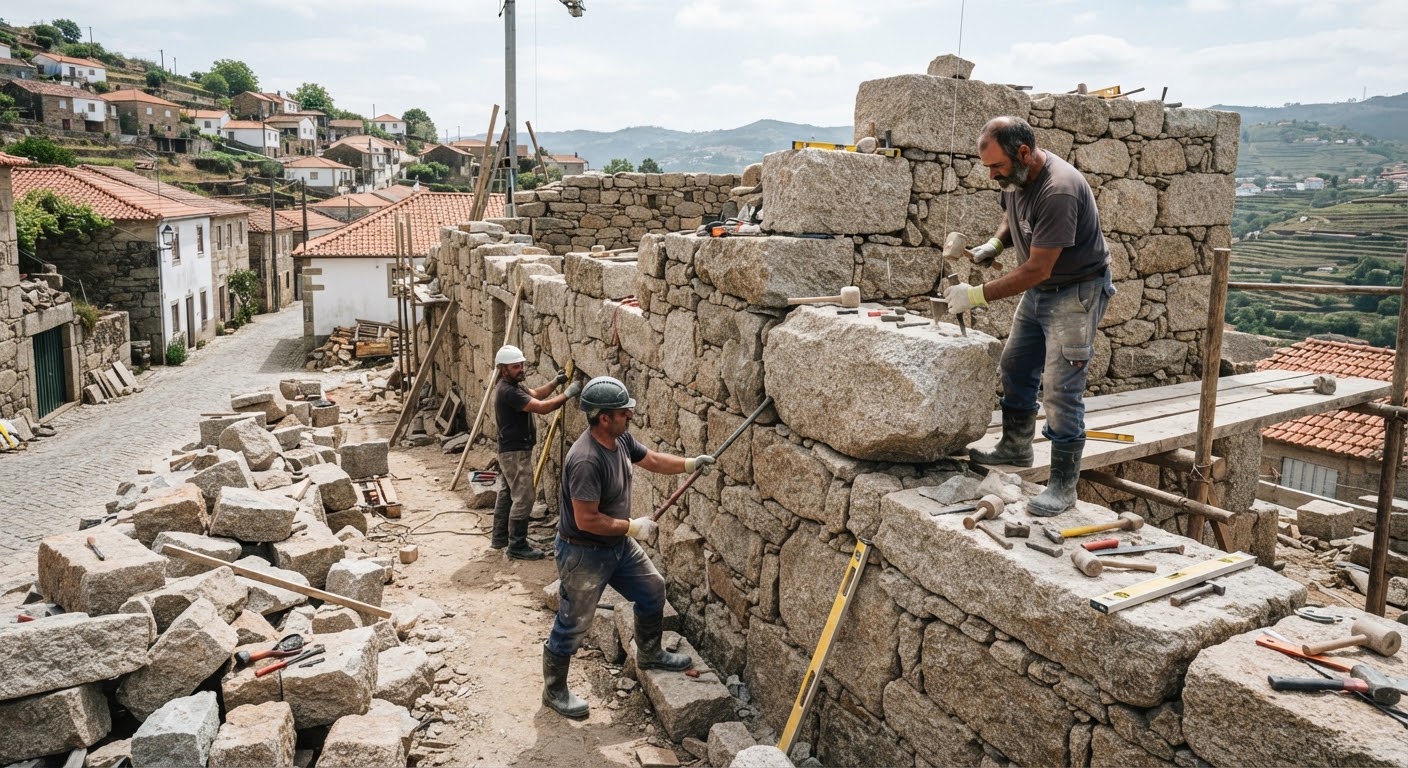 Muro de pedra em construção numa encosta minhota.